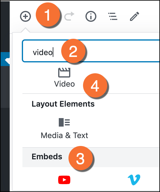 Steps to find and add a video block