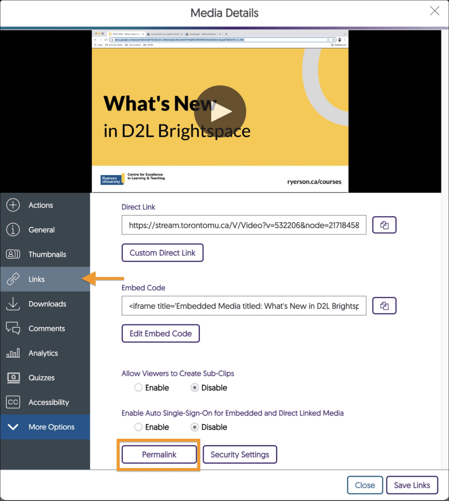 Stream Media Details dialog box to the links panel, where the user can access the Permalink.